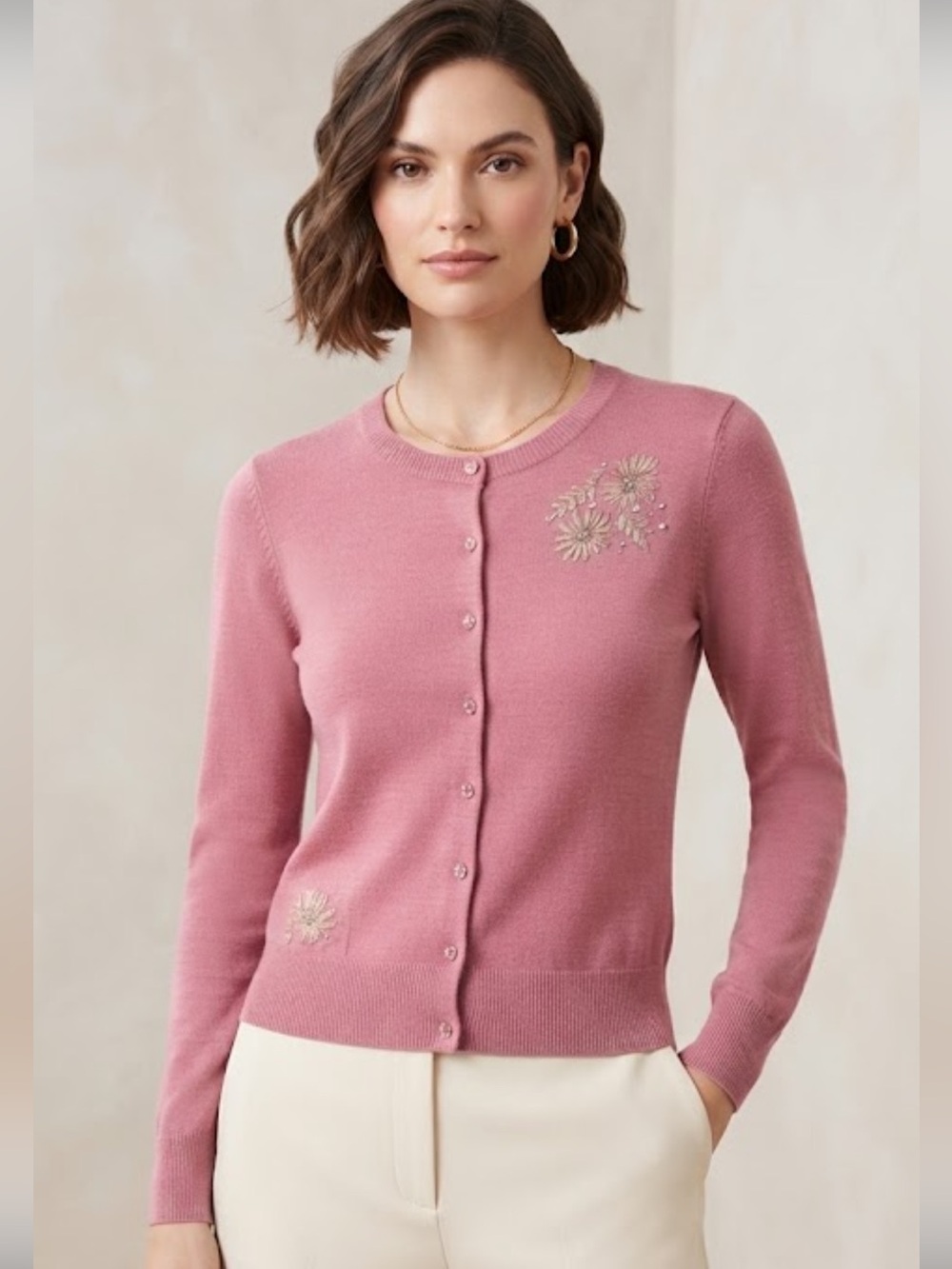 Bisou Bisou pink embroidered rhinestone button cardigan